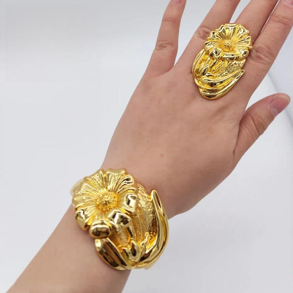 Gold Color Cuff Flower Bangle Ring For Women