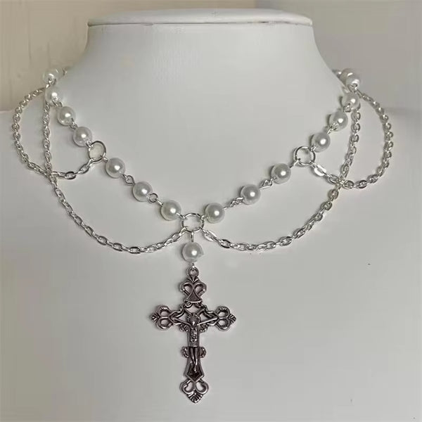 Handmade Sacred Cross Angel Wing Pearl Chokers Layered Crystal Beaded Rosary Necklace