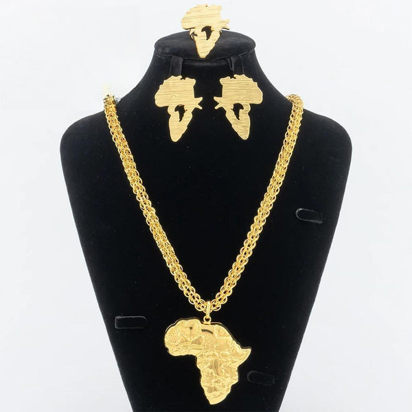 Dubai Gold Color Jewelry Sets for Women Copper Necklace African Map Pendant Earring