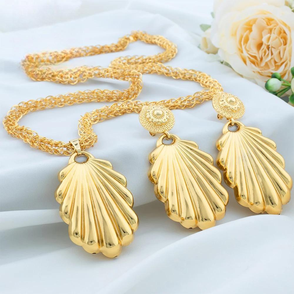 2PCS Jewelry Sets for Women 80CM Copper Necklace Earrings Shell Pendant