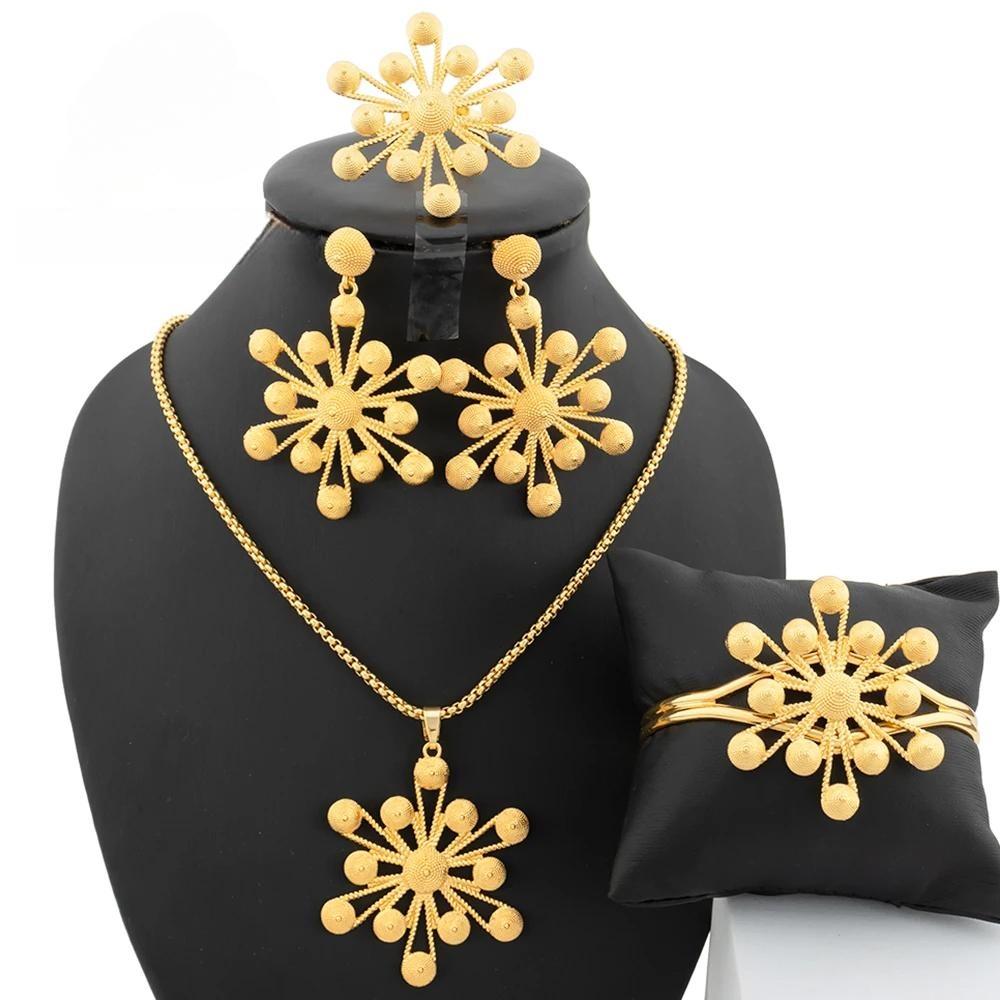 Golden Color Jewelry Set Dubai Women Necklace Clasp Earrings Ring