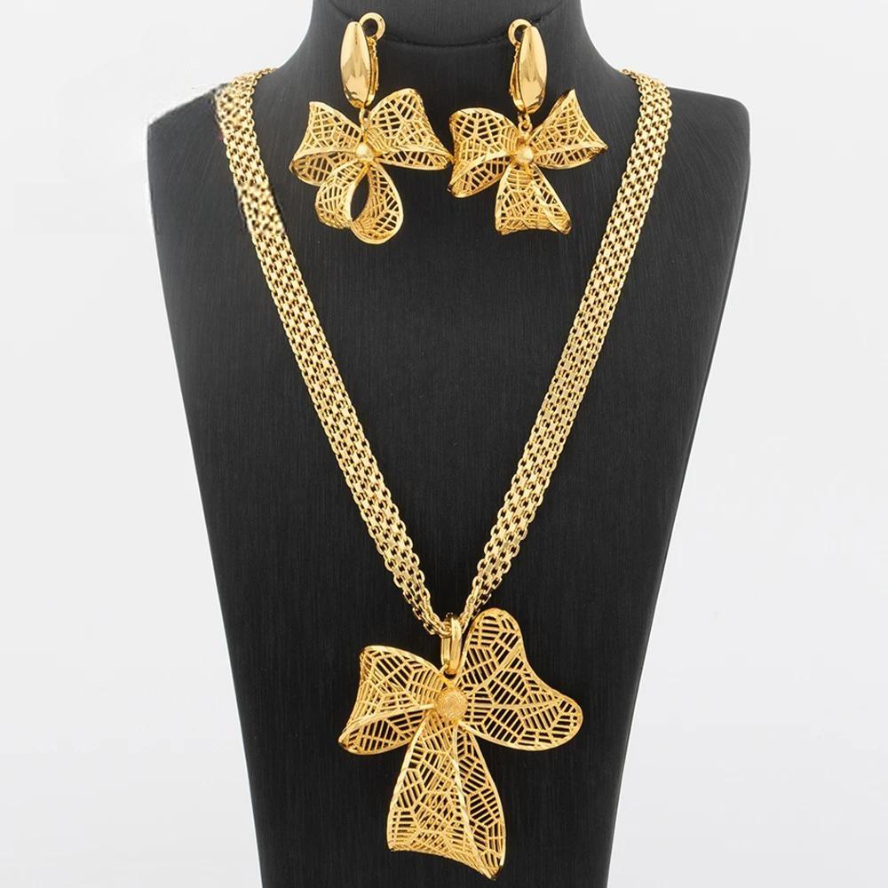 Hollow Flower Pendant Arabic Dubai Earring African Chain Jewelry Set for Women