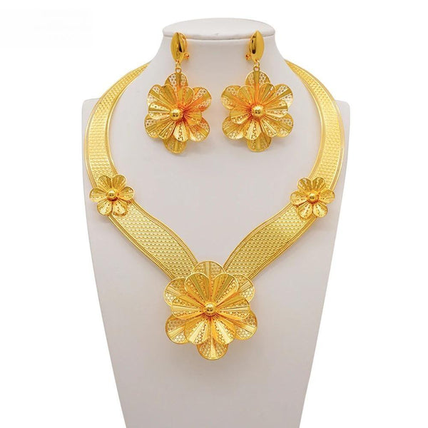 Dubai Gold Color Jewelry Set For Women Big Round Pendant Necklace Earrings Sets