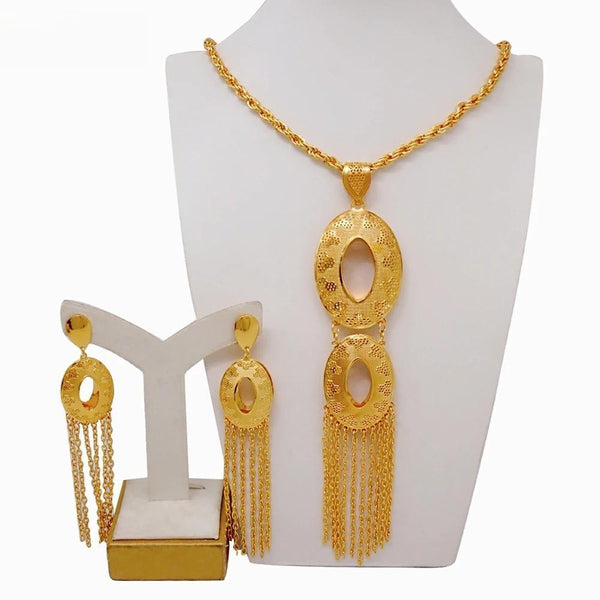 Luxury Ethiopia Dubai Gold Color  Bride Long Chain Tassel Necklace Earrings Sets