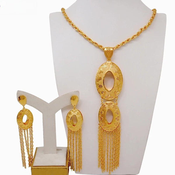 Fashion Ethiopian Dubai Gold Color Tassel Long Chain Necklace & Earring Jewelry Sets