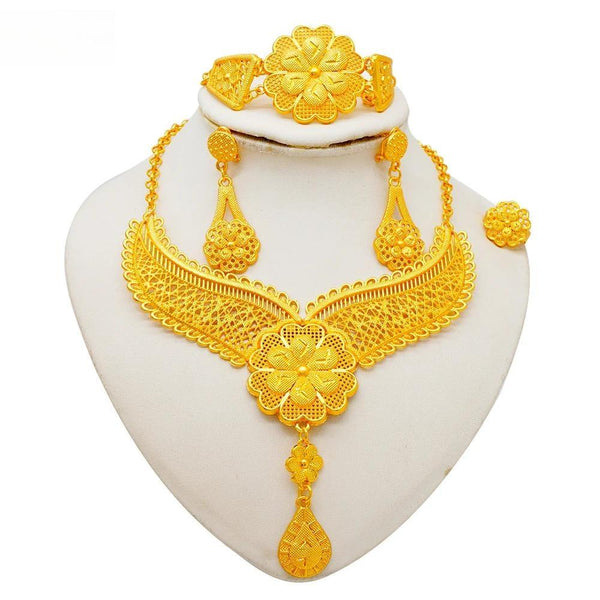 Luxury African Dubai Gold Color  Flower Bohemian Necklace Jewelry Set For Women