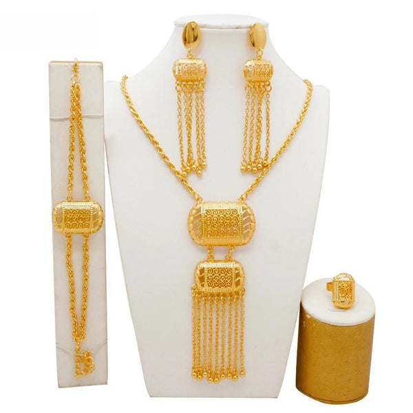 Square Pendant Tassel Long Chain Bridal Long Necklace Bracelet Earring Jewelry Sets