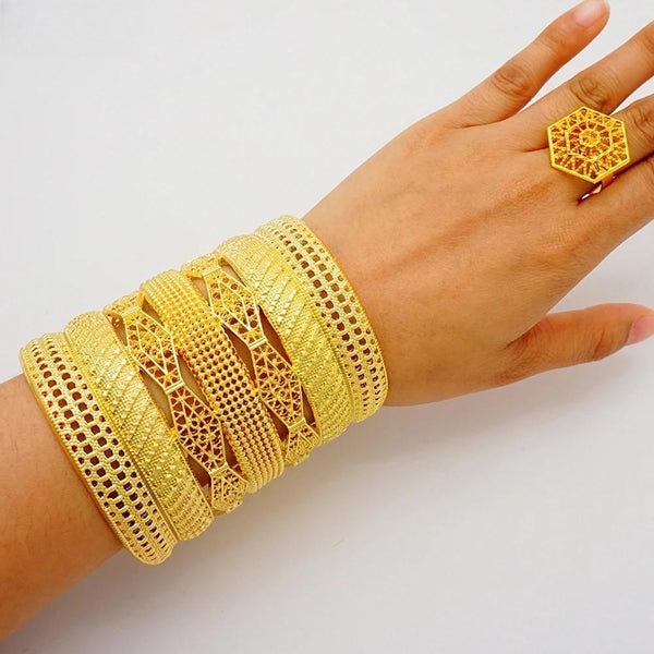 Luxury Duabi Gold Color Bangles With Ring Indian Wide Bracelet For Women