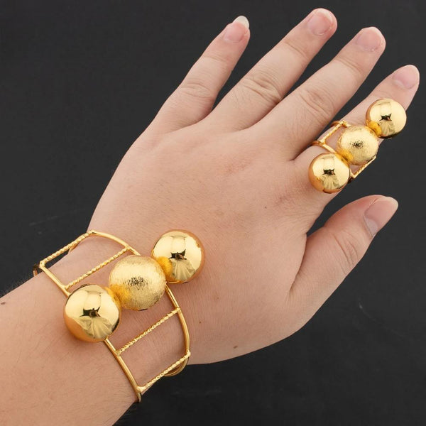 Dubai Round Beads  Gold Color Cuff Bangle with Ring Set