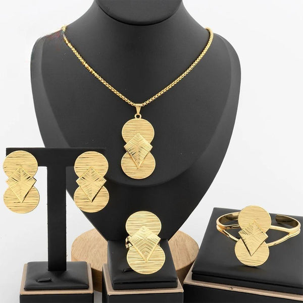 Dubai Gold Color Jewelry Set for Women Geometric Dangle Earrings Necklace Bangles Ring