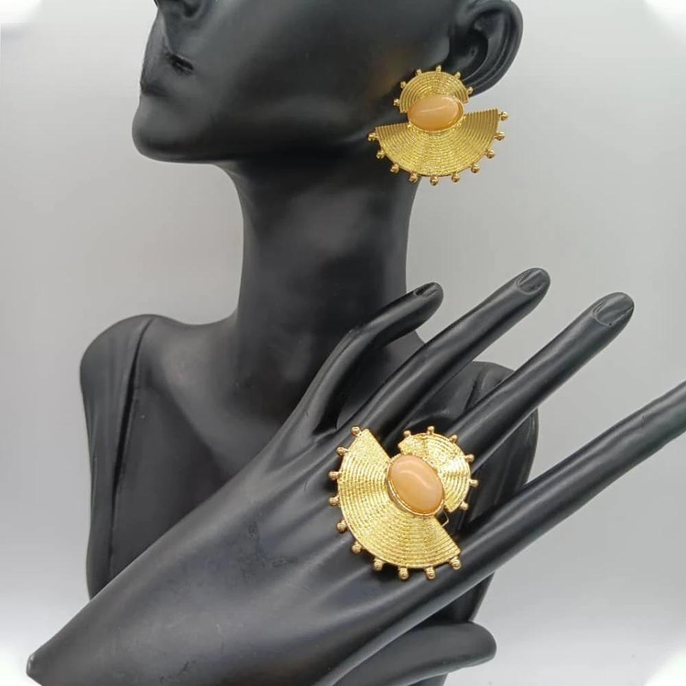 African Gold Color Earrings and Ring Set for Women