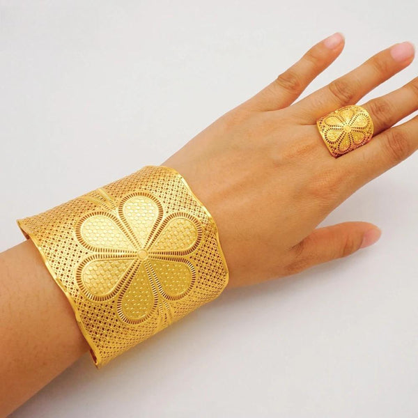 Dubai Gold Color Chain Cuff Bangle & Ring For Women