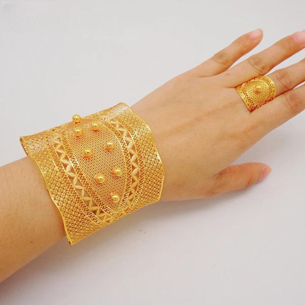 Dubai Gold Color Bangle & Ring For Women Flower Shape Bracelet