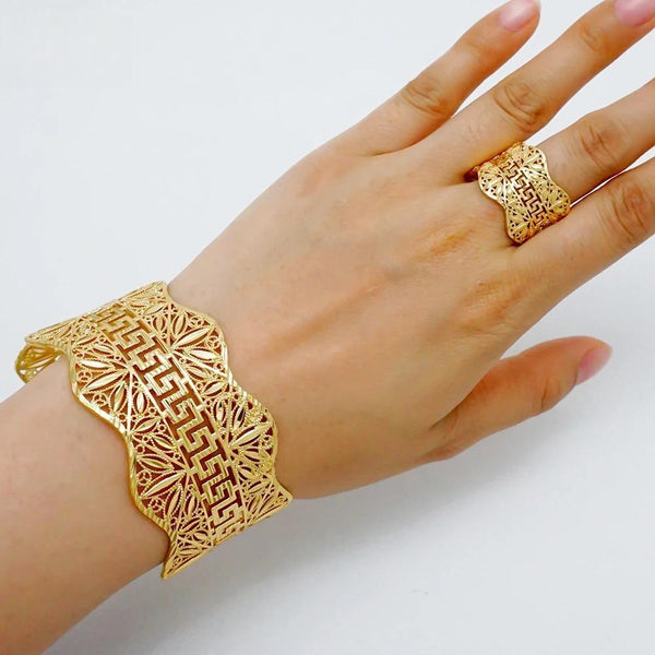 Dubai Ethiopian Open Cuff Bangles Ring For Women Moroccan Gold Color Bracelets