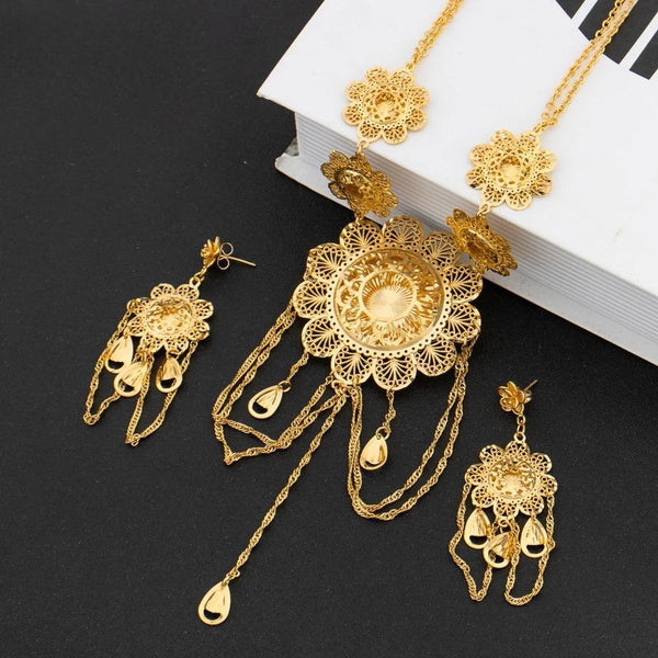 Fashion Gold Color Multiple Small Circle Pendant Chain Earrings Jewelry Sets