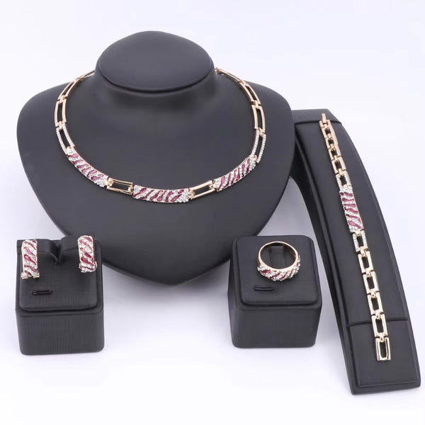 Cz Crystal Enamel Necklace Earring Ring Bracelet Jewelry Set