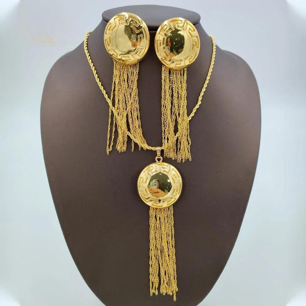 Fashion Hoop Earrings Necklace African Gold Color Long Tassel Earrings Jewelry Set