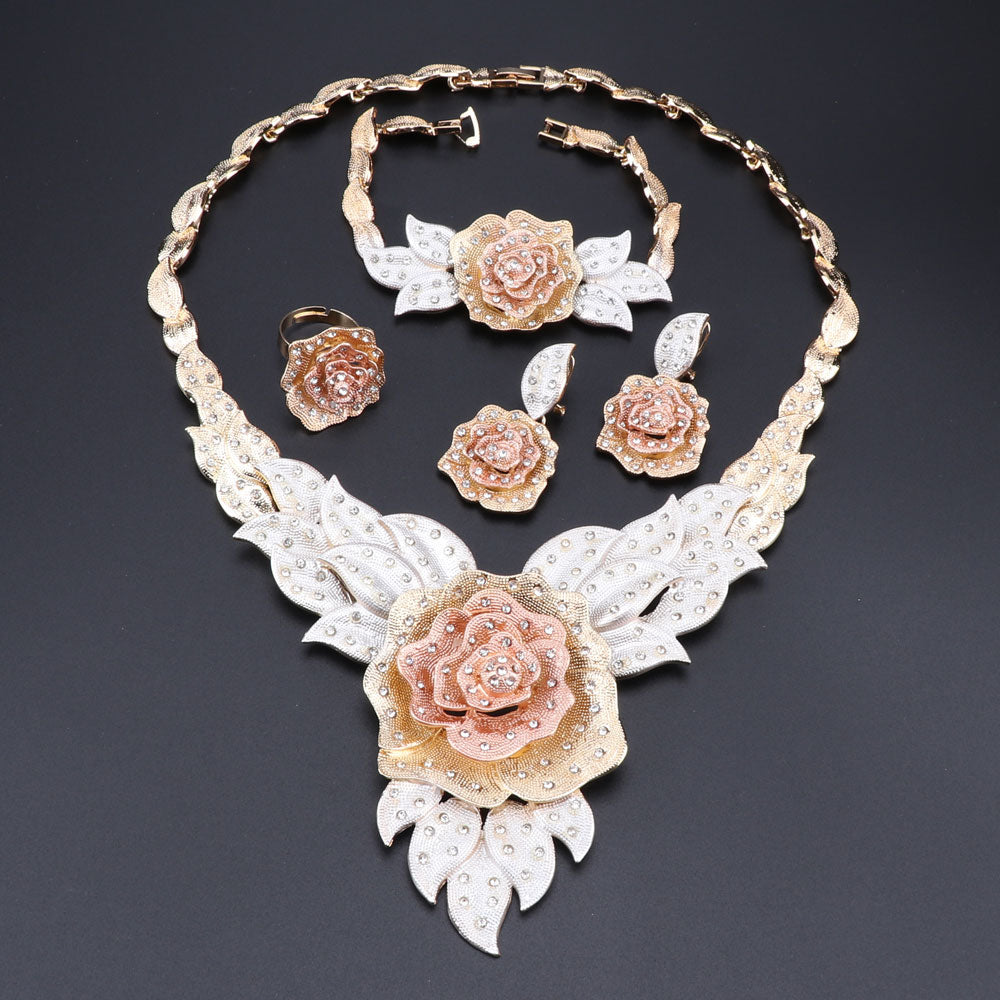 Party Bridal Fine Crystal Rose Flower Necklace Jewelry Sets