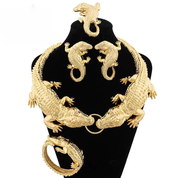 Fashion  Italian Gold Plated Crocodile Body Pendant Necklace Bracelet Earring Ring Jewelry Set