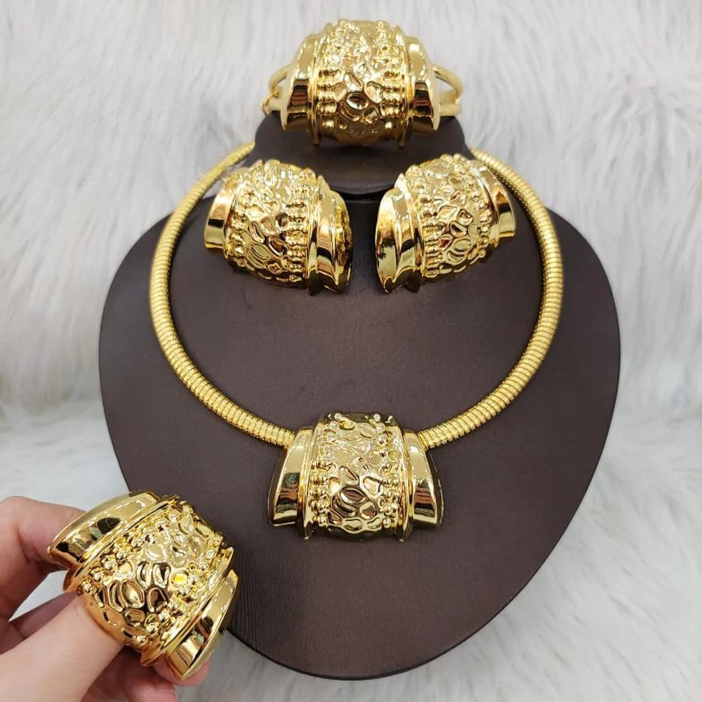 Gold Color  Earring Necklace Dubai Nigeria Copper Bracelet Rings Jewelry Sets For Women