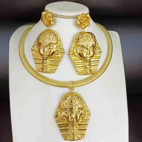 Vintage Ancient Egyptian Pharaoh Pendant Gold Color Copper Necklace Earrings Jewelry Set