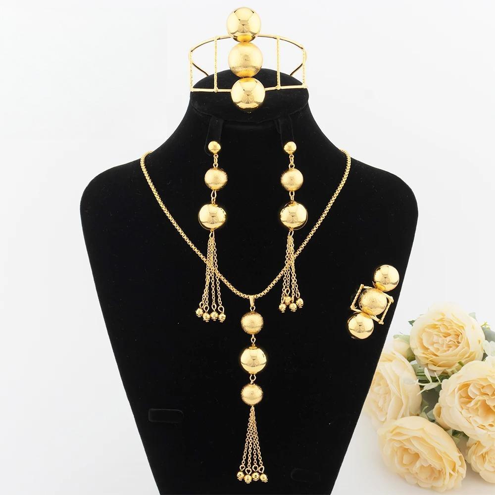 Gold Plated Necklace Tassel Earrings Cuff bangles Adjustable Rings Jewelry Set