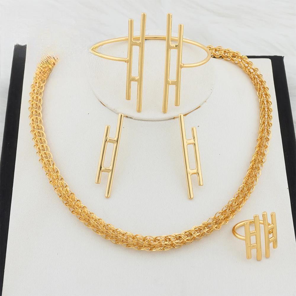 Jewelry Sets For Women 45CM Gold Color Necklace Cuff Bangles H Letter Earring Adjustable Ring