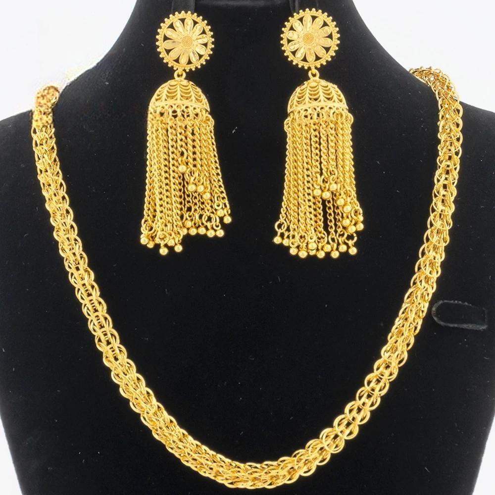 African Chain 60cm Dubai Gold Color Necklace Long Tassel Earrings Party Jewelry Set