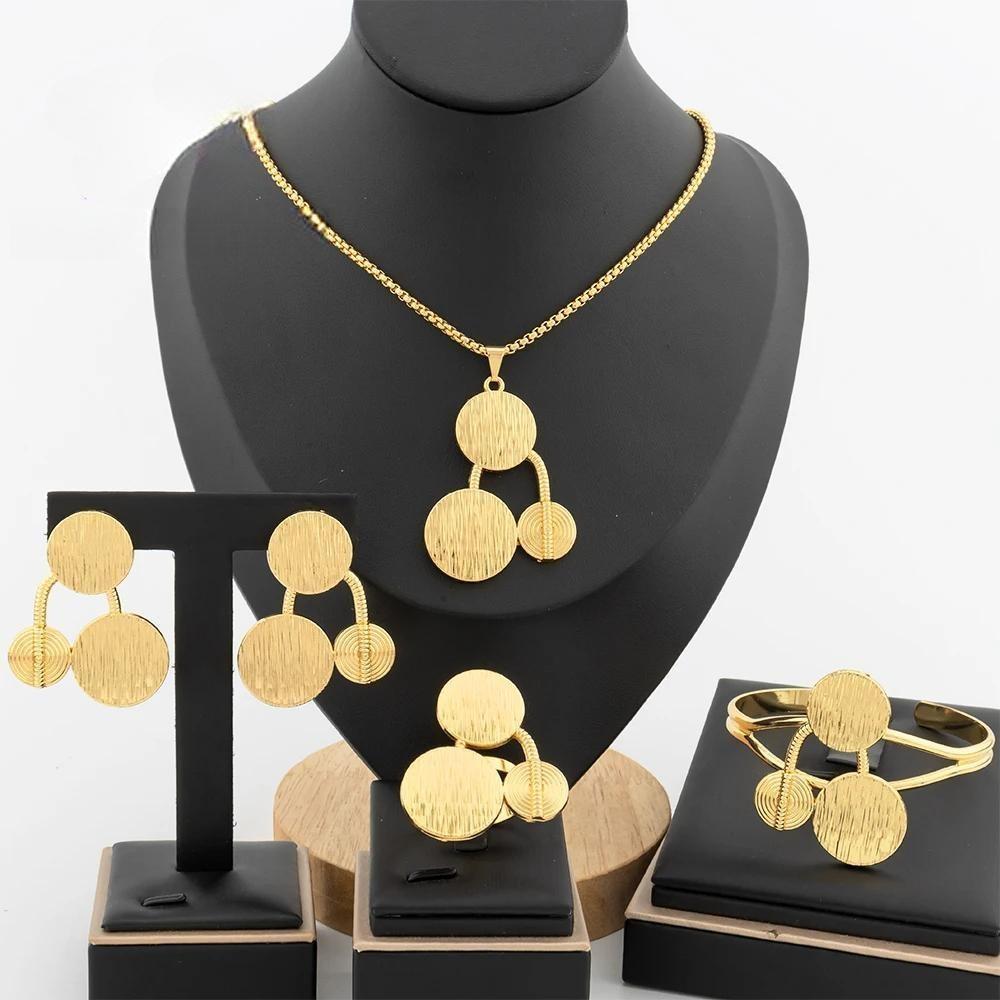 Dubai Gold Color Jewelry Set for Women Geometric Dangle Earrings Necklace Bangles Ring