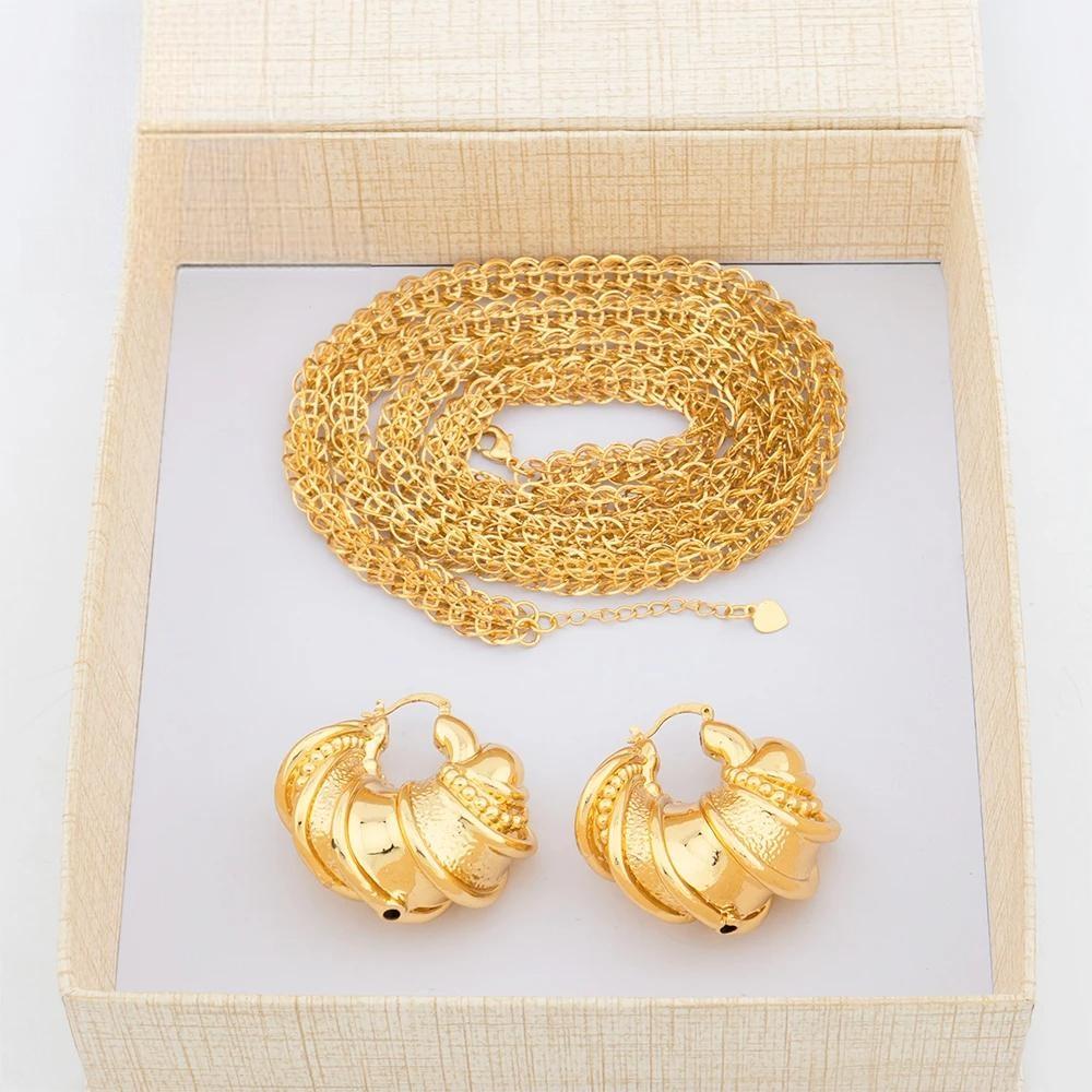 Gold Color African Party Fashion Dubai Long Necklace Bold Earrings For Women