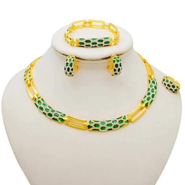 Fashion Dubai Green Crystal Simple Necklace Earrings Ring Jewelry Sets