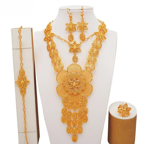 Indian Dubai Big Gold Color  Moroccan Earring Necklace Ring Jewelry Sets