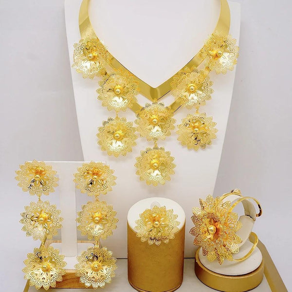 Luxury Dubai Big Flower Gold Color Plated Tassel Big Necklace Earrings Jewellery Sets