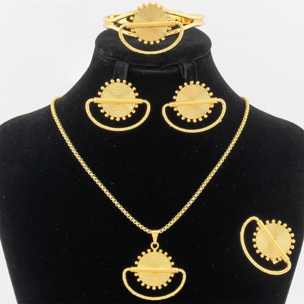 Gold Color Jewelry Sets For Women Geometry Necklace Earrings Cuff Bangles Rings