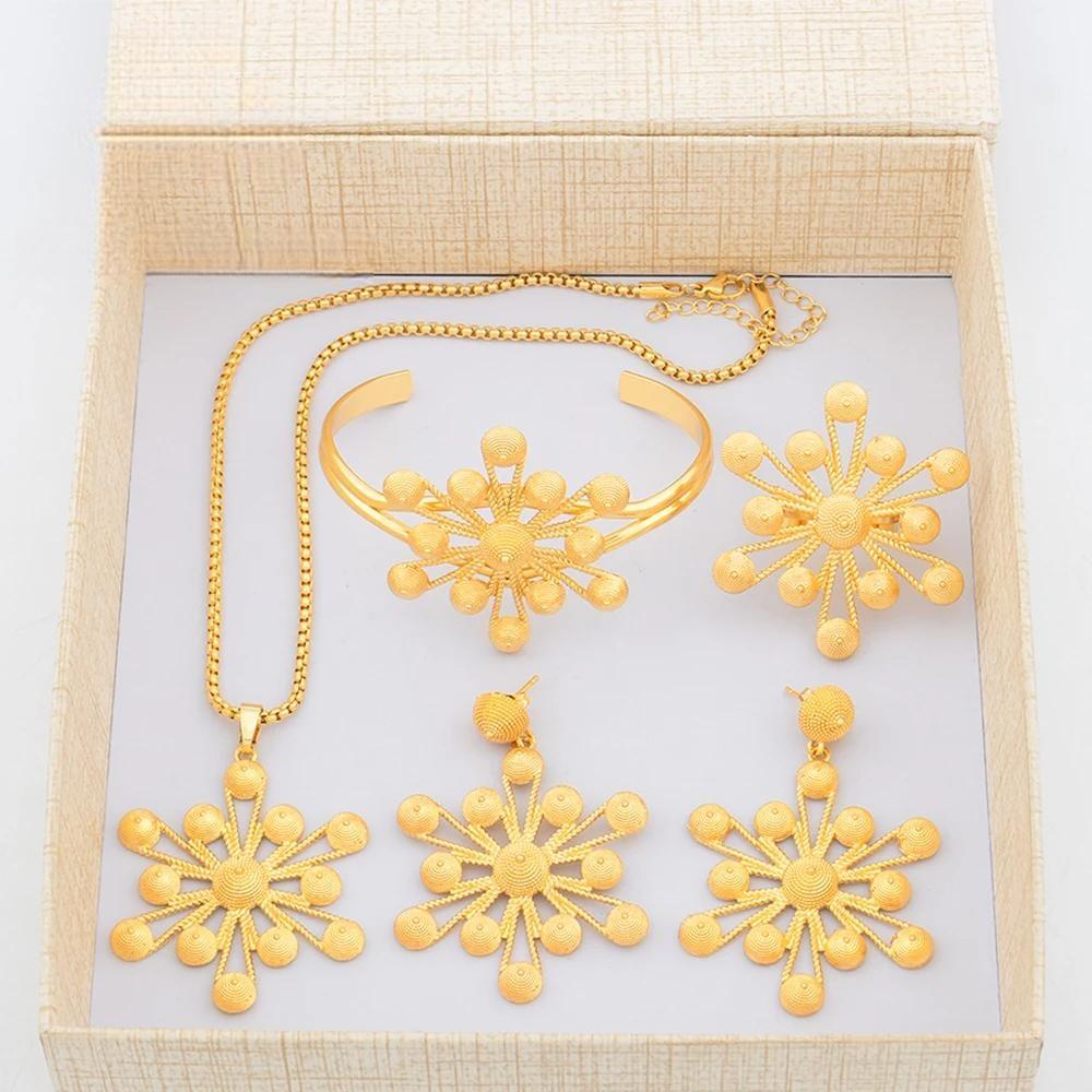 Golden Color Jewelry Set Dubai Women Necklace Clasp Earrings Ring