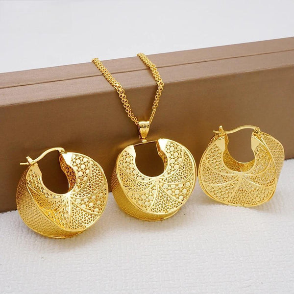 Fashion Dubai Gold Color Jewelry Sets Round Pendent Necklace Earrings For Women Chain Set