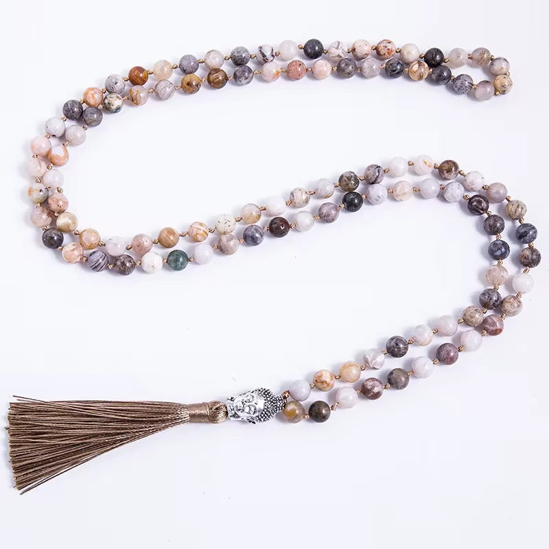 8mm Bamboo Leaf Agate Beaded Knotted Necklace Meditation Yoga Blessing Jewelry