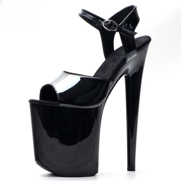 Glossy Extreme Black Paint Baking Process High Heel Sandals 20CM Heels Pole Dancing Shoes