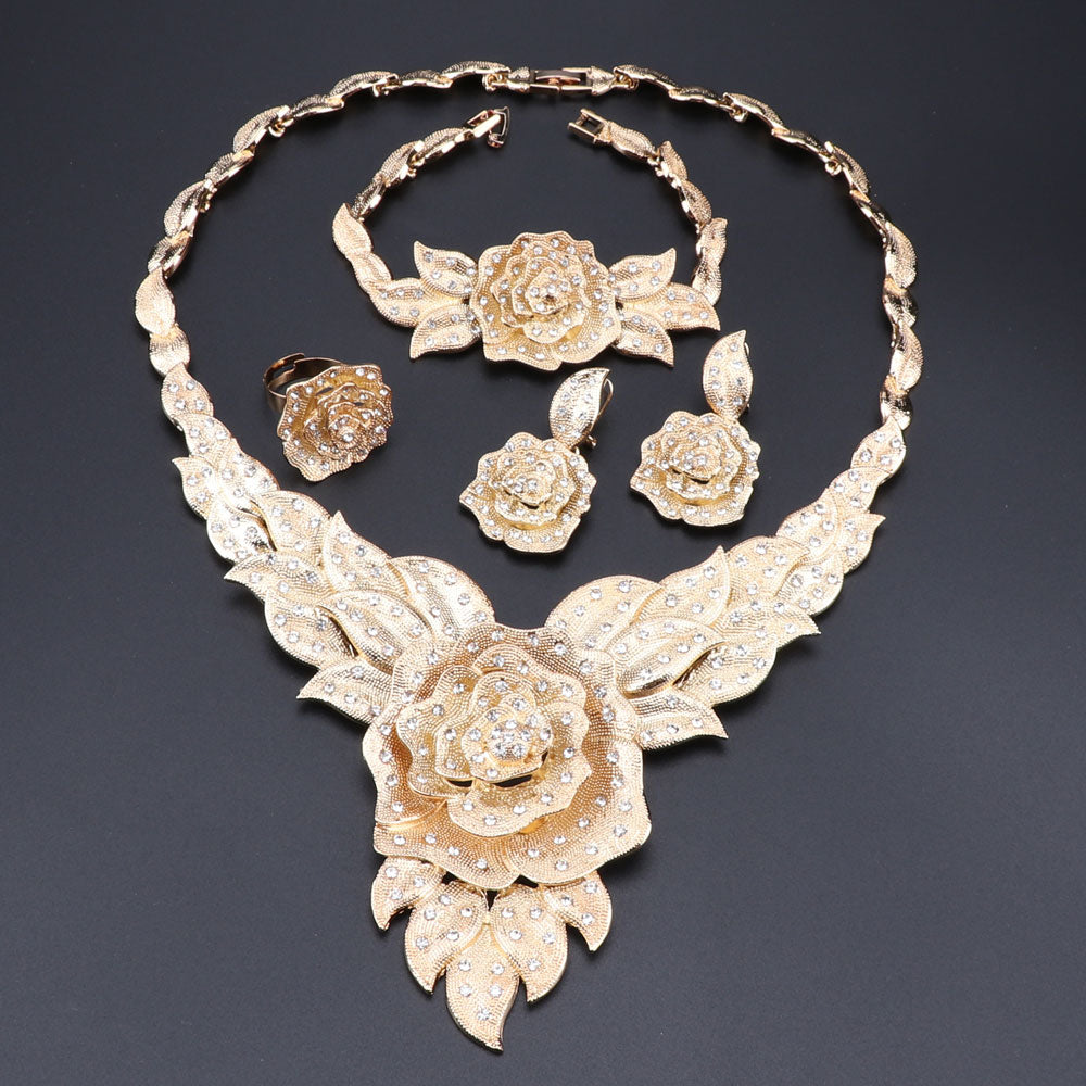 Party Bridal Fine Crystal Rose Flower Necklace Jewelry Sets