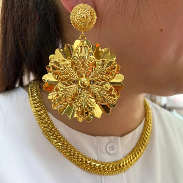 Big Size Drop Earrings and Necklace Gold Color Dubai Flower Shaped Fashion Jewelry Sets