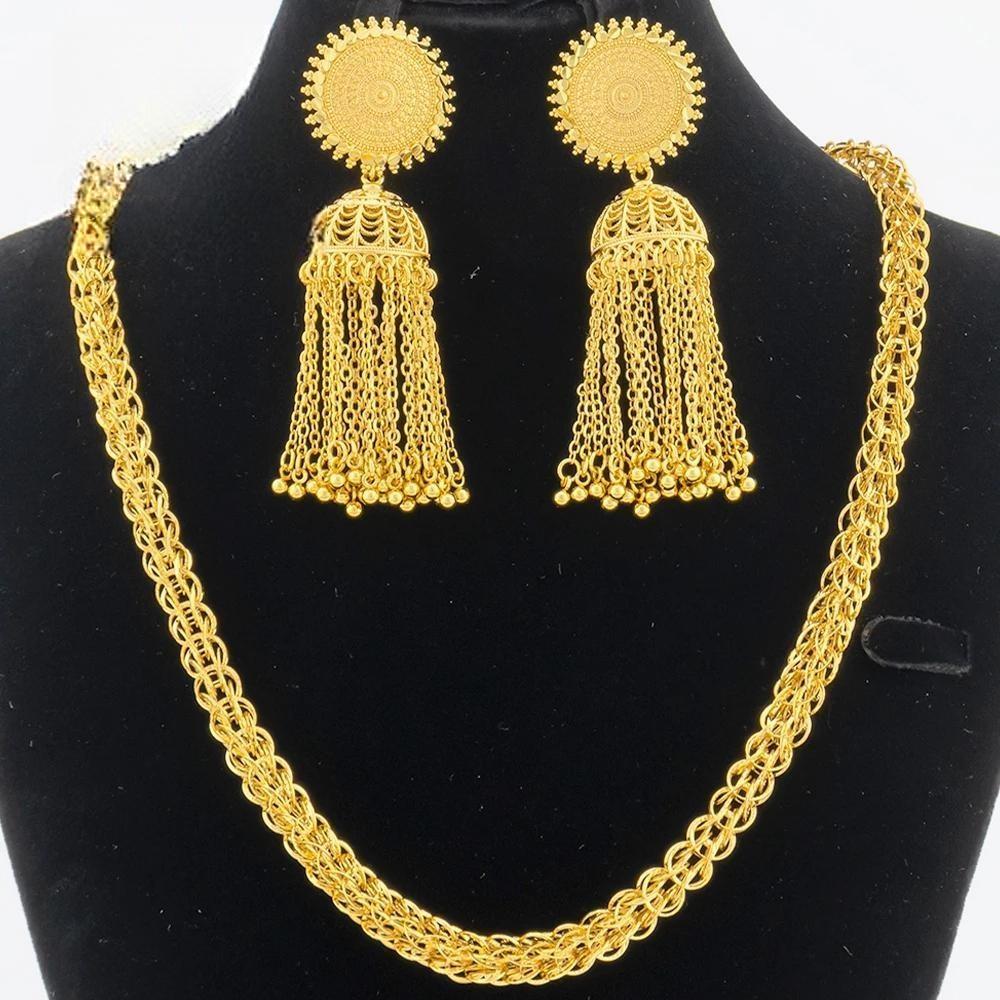 African Chain 60cm Dubai Gold Color Necklace Long Tassel Earrings Party Jewelry Set