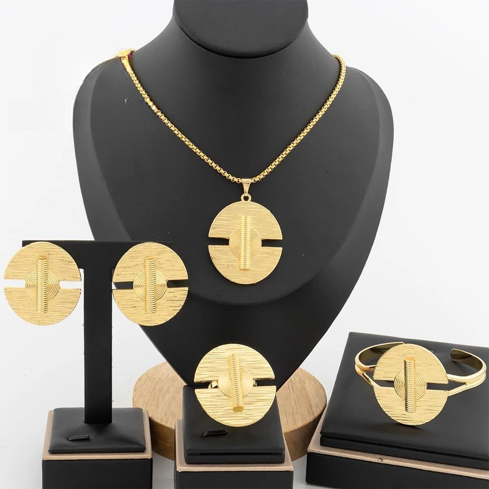 Dubai Gold Color Jewelry Set for Women Geometric Dangle Earrings Necklace Bangles Ring