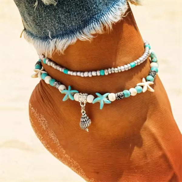 Fashion Retro Bohemia Round Rune Starfish Anklet