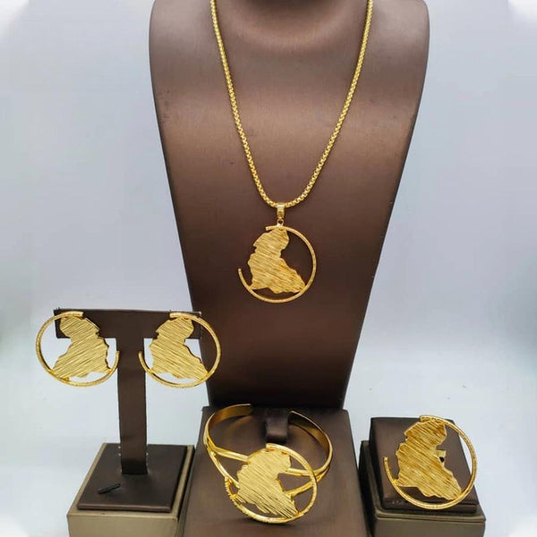 Gold Plated Jewelry Set for Women Luxury African Map Earrings Long Chain Cuff Bangles Ring