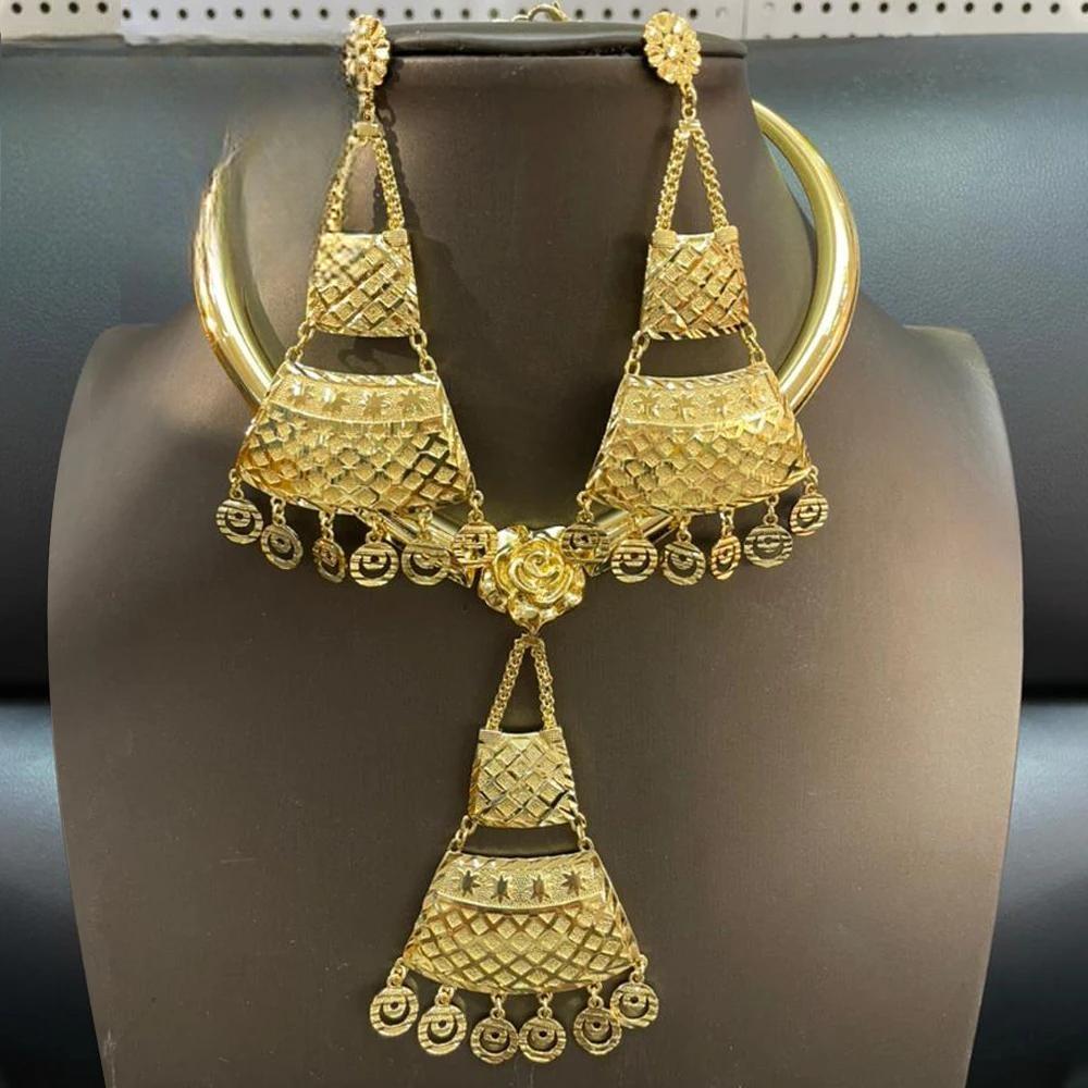 Dubai  Gold Color Large Drop Earrings Pendant Necklace Banquet Wedding Jewelry Set