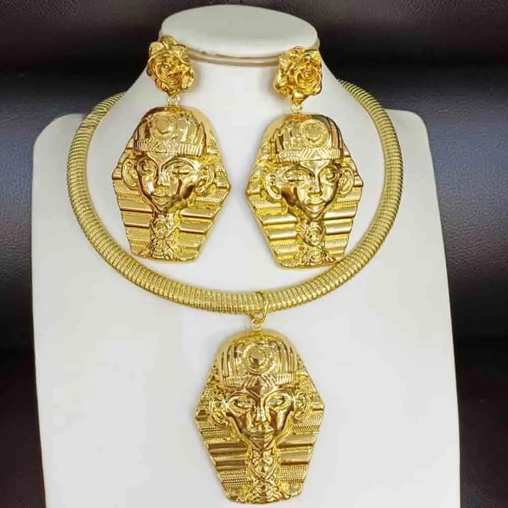 Charms Gold Plated  Egyptian Head Bracelet Ring Necklace Earrings Jewelry Sets for Women