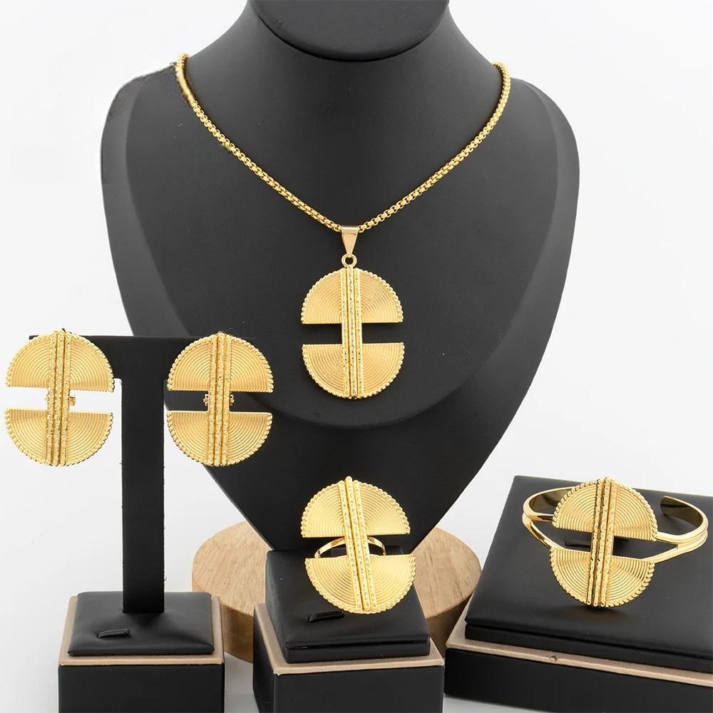 Dubai Gold Color Jewelry Set for Women Geometric Dangle Earrings Necklace Bangles Ring