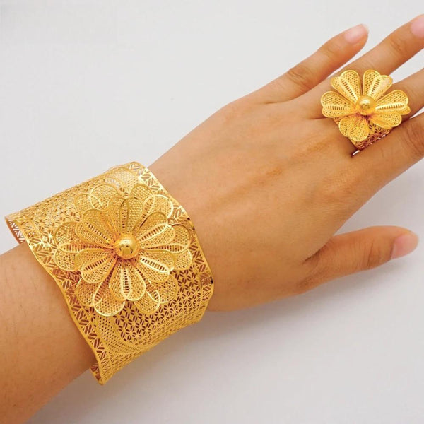 Ethiopian Dubai Gold Color Bangle With Ring Dubai Cuff Bracelet