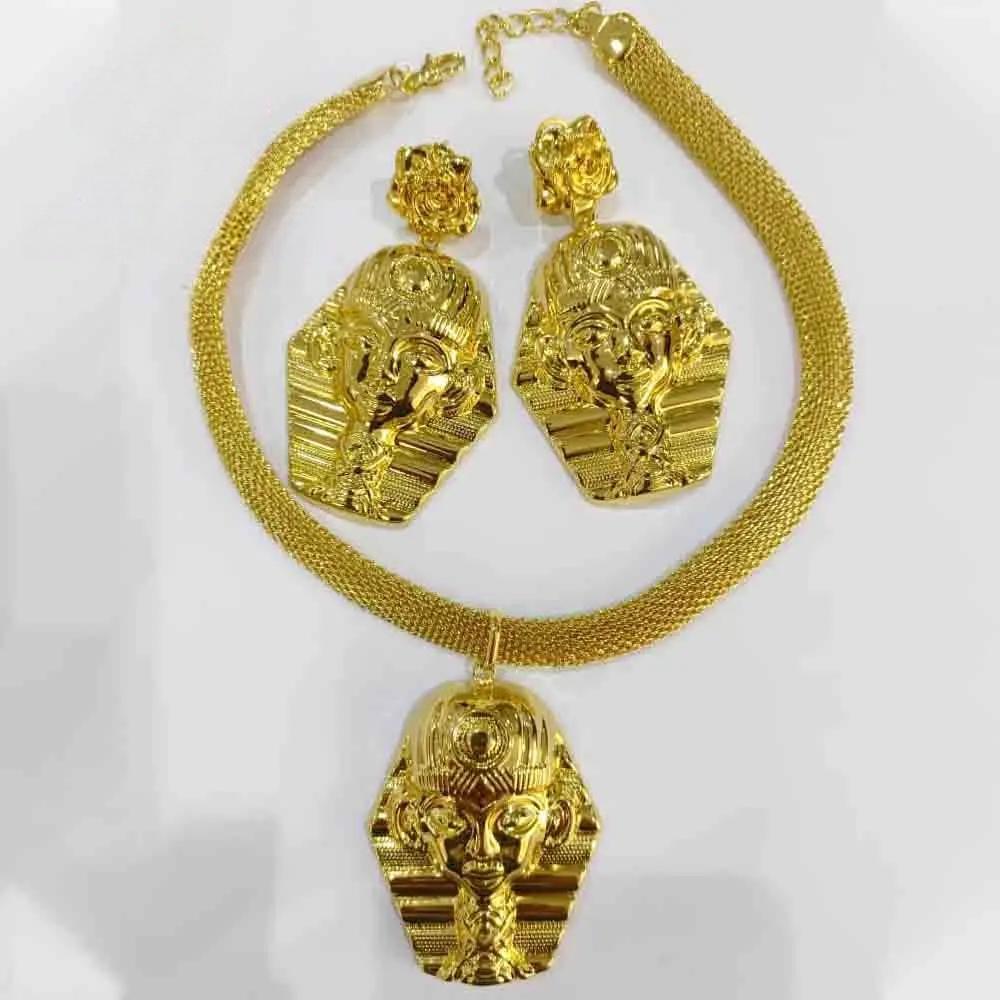 Charms Gold Plated  Egyptian Head Bracelet Ring Necklace Earrings Jewelry Sets for Women