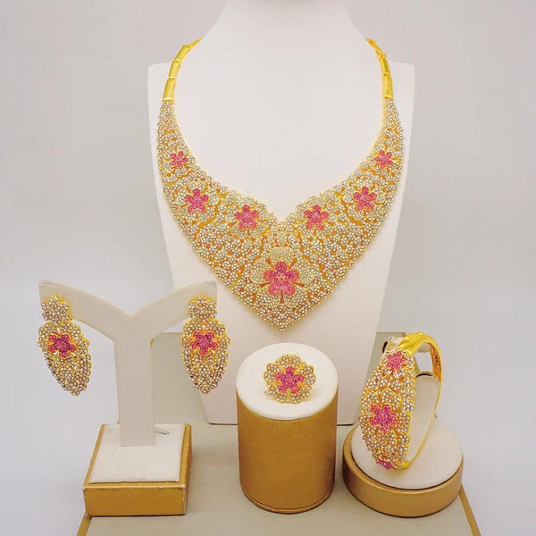 Luxury Italy Style Dubai Gold Color Jewelry Sets Crystal Necklace Earrings Bracelet Arabic Set